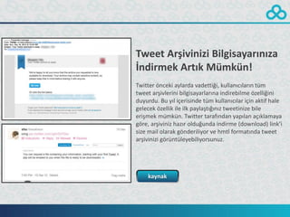 Tweet Arşivinizi Bilgisayarınıza
İndirmek Artık Mümkün!
Twitter önceki aylarda vadettiği, kullanıcıların tüm
tweet arşivlerini bilgisayarlarına indirebilme özelliğini
duyurdu. Bu yıl içerisinde tüm kullanıcılar için aktif hale
gelecek özellik ile ilk paylaştığınız tweetinize bile
erişmek mümkün. Twitter tarafından yapılan açıklamaya
göre, arşiviniz hazır olduğunda indirme (download) link’i
size mail olarak gönderiliyor ve hmtl formatında tweet
arşivinizi görüntüleyebiliyorsunuz.




    kaynak
 