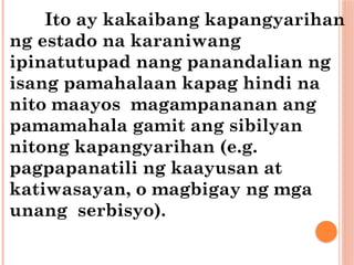 Ito ay kakaibang kapangyarihan
ng estado na karaniwang
ipinatutupad nang panandalian ng
isang pamahalaan kapag hindi na
nito maayos magampananan ang
pamamahala gamit ang sibilyan
nitong kapangyarihan (e.g.
pagpapanatili ng kaayusan at
katiwasayan, o magbigay ng mga
unang serbisyo).
 