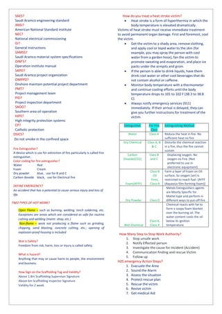 SAES?
Saudi Aramco engineering standard
ANSI?
American National Standard institute
NEC?
National electrical commissioning
GI?
General instructions
SAMSS?
Saudi Aramco material system specifications
OIM’S?
Operation institute manual
SAPO?
Saudi Aramco project organization
OMPPD?
Onshore maintain potential project department
PMT?
Project management team
PID?
Project inspection department
SAOO?
Southern area oil operation
HIPS?
High integrity protection systems
CP?
Catholic protection
DSICS?
Do not smoke in the confined space
Fire Extinguisher?
A device which is use for extinction of fire particularly is called Fire
extinguisher.
Color coding for fire extinguisher?
Water Red
Foam Cream
Dry powder blue, use for B and C
Carbon dioxide black, use for Electrical fire
DEFINE EMERGENCY?
An accident that has a potential to cause serious injury and loss of
life.
TWO TYPES OF HOT WORK?
Open Flame – such as burning, welding, torch soldering, etc.
Exceptions are areas which are considered as safe for routine
cutting and welding (maint. shop, etc.)
Non-flame – work not producing a flame such as grinding,
chipping, sand blasting, concrete cutting, etc.; opening of
explosion-proof housing is included
Wat is Safety?
Freedom from risk, harm, loss or injury is called safety.
What is hazard?
Anything that may or cause harm to people, the environment
and business.
How Sign on the Scaffolding Tag and Validity?
Above 1.8m Scaffolding Supervisor Signature
Above 6m Scaffolding inspector Signature
Validity for 2 week.
How do you treat a heat stroke victim?
 Heat stroke is a form of hyperthermia in which the
body temperature is elevated dramatically.
Victims of heat stroke must receive immediate treatment
to avoid permanent organ damage. First and foremost, cool
the victim.
 Get the victim to a shady area, remove clothing,
and apply cool or tepid water to the skin (for
example, you may spray the person with cool
water from a garden hose), fan the victim to
promote sweating and evaporation, and place ice
packs under the armpits and groin.
 If the person is able to drink liquids, have them
drink cool water or other cool beverages that do
not contain alcohol or caffeine.
 Monitor body temperature with a thermometer
and continue cooling efforts until the body
temperature drops to 101 to 102 F (38.3 to 38.8
C).
 Always notify emergency services (911)
immediately. If their arrival is delayed, they can
give you further instructions for treatment of the
victim.
Extinguisher For Fire
Class
Extinguishing Method
Water Class A Reduce the heat in fire. No
sufficient heat no fire
Dry Chemical Class A, B
& C
Disturbs the chemical reaction
in a fire, thus the fire cannot
sustain
Carbon
Dioxide(CO2)
Class B
and C
Displacing oxygen. No
oxygen no Fire. (Not
preferred to use in
electronic equipment)
Foam(AFFF)
Class B
Oil
Fires,
Class A
Farm a layer of Foam on Oil
surface, So oxygen (air) is
restricted to reach fuel. {AFFF
(Aqueous film-forming foam)}
Dry Powder Class D
Metals Extinguishers agents
are Mostly Specific for
Mattel type and perform in
different ways to put-off fire
Wet Chemical
Class K,
Class A
Chemical reacts with fat to
form a soapy foam blanket
over the burning oil. The
water content cools the oil
below its ignition
temperature.
How Many Step to Stop Work Authority?
1. Stop unsafe work
2. Notify Effected person
3. Investigate the cause for Incident (Accident)
4. Communication finding and rescue Victim
5. Follow up
H2S emergency Action Steps?
1. Evacuate the Area
2. Sound the Alarm
3. Assess the situation
4. Protect rescue plan
5. Rescue the victim
6. Revive victim
7. Get medical Aid
 