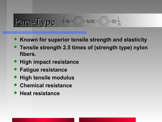 Para-TypePara-Type
 Known for superior tensile strength and elasticity
 Tensile strength 2.5 times of (strength type) nylon
fibers.
 High impact resistance
 Fatigue resistance
 High tensile modulus
 Chemical resistance
 Heat resistance
 