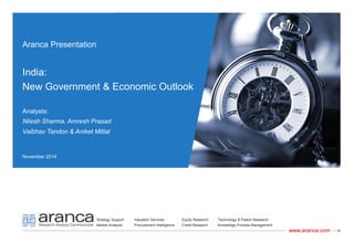 www.aranca.com 
Strategy Support 
Market Analysis 
Valuation Services 
Procurement Intelligence 
Equity Research 
Credit Research 
Technology & Patent Research 
Knowledge Process Management 
Aranca Presentation 
India: 
New Government & Economic Outlook 
Analysts: 
Nilesh Sharma, Amresh Prasad 
Vaibhav Tandon & Aniket Mittal 
November 2014  