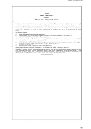 ARANCEL ADUANERO CHILENO
Sección V
PRODUCTOS MINERALES
Capítulo 25
Sal; azufre; tierras y piedras; yesos, cales y cementos
Notas.
1. Salvo disposición en contrario y a reserva de lo previsto en la Nota 4 siguiente, sólo se clasifican en las partidas de este Capítulo los productos en bruto o los
productos lavados (incluso con sustancias químicas que eliminen las impurezas sin cambiar la estructura del producto), quebrantados, triturados, molidos,
pulverizados, levigados, cribados, tamizados, enriquecidos por flotación, separación magnética u otros procedimientos mecánicos o físicos (excepto la
cristalización), pero no los productos tostados, calcinados, los obtenidos por mezcla o los sometidos a un tratamiento que supere al indicado en cada partida.
Se puede añadir a los productos de este Capítulo una sustancia antipolvo, siempre que no haga al producto más apto para usos determinados que para uso
general.
2. Este Capítulo no comprende:
a) el azufre sublimado o precipitado ni el coloidal (partida 28.02);
b) las tierras colorantes con un contenido de hierro combinado, expresado en Fe2O3, superior o igual al 70 % en peso (partida 28.21);
c) los medicamentos y demás productos del Capítulo 30;
d) las preparaciones de perfumería, de tocador o de cosmética (Capítulo 33);
e) los adoquines, encintados (bordillos)* y losas para pavimentos (partida 68.01); los cubos, dados y artículos similares para mosaicos (partida 68.02); las
pizarras para tejados o revestimientos de edificios (partida 68.03);
f) las piedras preciosas o semipreciosas (partidas 71.02 ó 71.03);
g) los cristales cultivados de cloruro de sodio o de óxido de magnesio (excepto los elementos de óptica) de peso unitario superior o igual a 2,5 g, de la
partida 38.24; los elementos de óptica de cloruro de sodio o de óxido de magnesio (partida 90.01);
h) las tizas para billar (partida 95.04);
ij) las tizas para escribir o dibujar y los jaboncillos (tizas) de sastre (partida 96.09).
3. Cualquier producto susceptible de clasificarse en la partida 25.17 y en otra partida de este Capítulo, se clasifica en la partida 25.17.
4. La partida 25.30 comprende, entre otras: la vermiculita, la perlita y las cloritas, sin dilatar; las tierras colorantes, incluso calcinadas o mezcladas entre sí; los
óxidos de hierro micáceos naturales; la espuma de mar natural (incluso en trozos pulidos); el ámbar natural (succino); la espuma de mar y el ámbar
reconstituidos, en plaquitas, varillas, barras o formas similares, simplemente moldeados; el azabache; el carbonato de estroncio (estroncianita), incluso
calcinado, excepto el óxido de estroncio; los restos y cascos de cerámica, trozos de ladrillo y bloques de hormigón rotos.
_____________________
102
 