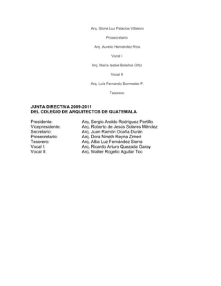 Arq. Gloria Luz Palacios Villatoro

                               Prosecretario

                        Arq. Aurelio Hernández Ríos

                                   Vocal I

                      Arq. María Isabel Bolaños Ortiz

                                  Vocal II

                      Arq. Luís Fernando Burmester P.

                                  Tesorero


JUNTA DIRECTIVA 2009-2011
DEL COLEGIO DE ARQUITECTOS DE GUATEMALA

Presidente:       Arq. Sergio Aroldo Rodríguez Portillo
Vicepresidente:   Arq. Roberto de Jesús Solares Méndez
Secretario:       Arq. Juan Ramón Ocaña Durán
Prosecretario:    Arq. Dora Nineth Reyna Zimeri
Tesorero:         Arq. Alba Luz Fernández Sierra
Vocal I:          Arq. Ricardo Arturo Quezada Garay
Vocal II:         Arq. Walter Rogelio Aguilar Toc
 