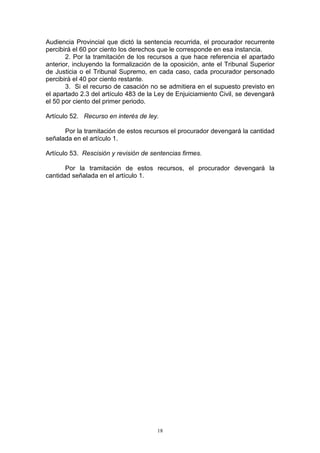 18
Audiencia Provincial que dictó la sentencia recurrida, el procurador recurrente
percibirá el 60 por ciento los derechos que le corresponde en esa instancia.
2. Por la tramitación de los recursos a que hace referencia el apartado
anterior, incluyendo la formalización de la oposición, ante el Tribunal Superior
de Justicia o el Tribunal Supremo, en cada caso, cada procurador personado
percibirá el 40 por ciento restante.
3. Si el recurso de casación no se admitiera en el supuesto previsto en
el apartado 2.3 del artículo 483 de la Ley de Enjuiciamiento Civil, se devengará
el 50 por ciento del primer periodo.
Artículo 52. Recurso en interés de ley.
Por la tramitación de estos recursos el procurador devengará la cantidad
señalada en el artículo 1.
Artículo 53. Rescisión y revisión de sentencias firmes.
Por la tramitación de estos recursos, el procurador devengará la
cantidad señalada en el artículo 1.
 