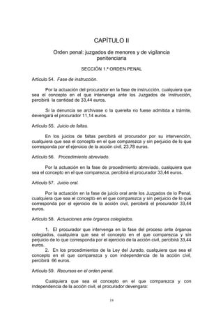 19
CAPÍTULO II
Orden penal: juzgados de menores y de vigilancia
penitenciaria
SECCIÓN 1.ª ORDEN PENAL
Artículo 54. Fase de instrucción.
Por la actuación del procurador en la fase de instrucción, cualquiera que
sea el concepto en el que intervenga ante los Juzgados de Instrucción,
percibirá la cantidad de 33,44 euros.
Si la denuncia se archivase o la querella no fuese admitida a trámite,
devengará el procurador 11,14 euros.
Artículo 55. Juicio de faltas.
En los juicios de faltas percibirá el procurador por su intervención,
cualquiera que sea el concepto en el que comparezca y sin perjuicio de lo que
corresponda por el ejercicio de la acción civil, 23,78 euros.
Artículo 56. Procedimiento abreviado.
Por la actuación en la fase de procedimiento abreviado, cualquiera que
sea el concepto en el que comparezca, percibirá el procurador 33,44 euros.
Artículo 57. Juicio oral.
Por la actuación en la fase de juicio oral ante los Juzgados de lo Penal,
cualquiera que sea el concepto en el que comparezca y sin perjuicio de lo que
corresponda por el ejercicio de la acción civil, percibirá el procurador 33,44
euros.
Artículo 58. Actuaciones ante órganos colegiados.
1. EI procurador que intervenga en la fase del proceso ante órganos
colegiados, cualquiera que sea el concepto en el que comparezca y sin
perjuicio de lo que corresponda por el ejercicio de la acción civil, percibirá 33,44
euros.
2. En los procedimientos de la Ley del Jurado, cualquiera que sea el
concepto en el que comparezca y con independencia de la acción civil,
percibirá 66 euros.
Artículo 59. Recursos en el orden penal.
Cualquiera que sea el concepto en el que comparezca y con
independencia de la acción civil, el procurador devengara:
 
