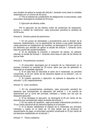 6
que resulten de aplicar la escala del artículo1, tomando como base la cantidad
reclamada con un mínimo de 30 euros.
2.º Por la solicitud de cumplimiento de obligaciones no pecuniarias, cada
procurador devengará la cantidad de 30 euros.
f) Ejecución de efectos civiles.
Por la ejecución de los efectos civiles de sentencias de separación,
divorcio o nulidad de matrimonio, cada procurador percibirá la cantidad de
44,58 euros.
Artículo 8. División judicial de patrimonios.
1. En los juicios de abintestato y procedimiento para la división de la
herencia, testamentaría y en la adjudicación de bienes a que estén llamadas
varias personas sin designación de nombres, se devengará el 75 por ciento de
los derechos que resulten de aplicar la escala del artículo 1, tomando como
base la cuantía del caudal hereditario.
2. Si se plantease la inclusión o exclusión de bienes, se aplicará,
además, la escala del artículo 1, tomando como base el valor de los bienes de
que se trate.
Artículo 9. Procedimiento monitorio.
1. El procurador devengará por el conjunto de su intervención en el
proceso monitorio la cantidad de 35 euros, salvo que sea de aplicación lo
dispuesto en el apartado siguiente.
2. Si en esta fase se obtuviese el cobro de lo reclamado, se percibirá
únicamente, el 25 por ciento de los derechos fijados en el artículo1, con un
mínimo de 35 euros.
3. Si hubiera oposición o ejecución, se aplicará lo dispuesto en los
artículos 1 y 26, respectivamente.
Artículo 10. Juicio cambiario.
1. En los procedimientos cambiarios, cada procurador percibirá los
derechos que correspondan en aplicación del artículo 1, y la cuantía se
determinará por la suma del principal, intereses y costas, por las que se
despache ejecución.
2. Si se denegare la ejecución, se devengará el 25 por ciento de los
derechos que correspondan según la escala del artículo 1.
3. En los casos de oposición, cada procurador interviniente percibirá un
10 por ciento adicional de los derechos fijados en el artículo1.
4. Si el deudor satisfaciese el importe de lo reclamado por principal,
intereses y costas en el plazo de 10 días desde que se produzca el
requerimiento de pago, el procurador percibirá únicamente el 70 por ciento de
los derechos establecidos en el artículo 1.
Artículo 11. Títulos nobiliarios.
 