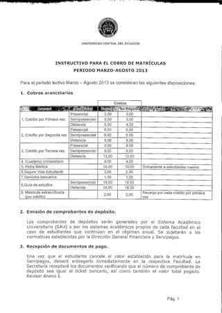 UNIVERSIDAD CENTRAL DEL ECUADOR




                      INSTRUCTIVO PARA EL COBRO DE MATRICULAS
                               PERIODO MARZO-AGOSTO 2013


Para el periodo lectivo Marzo -Agosto 2013 se consideran las siguientes disposiciones:

1. Cobros arancelarios

                                                       Costos
$$*%£fS!i!8M$Mf&B&A ^MffdáülitclJB B6E^[1frM :;;Np*-Regülar| ^^^I^SBE^^^^^í^'^^^
                     Presencial      0.00          3.00
1. Crédito por Primera vez    Semipresencial   0.00         3.00
                              Distancia        0.00         4.00
                              Presencial       6.00         6.00
2. Crédito por Segunda vez    Semipresencial   6.00         6.00
                              Distancia         8.00         8.00
                              Presencial        9.00        9.00
3. Crédito por Tercera vez    Semipresencial    9.00        9.00
                              Distancia        12.00        12.00
4. Cuaderno Universitario                      4.00         4.00
5. Ficha Médica                                10.00        10.00      Únicamente a estudiantes nuevos
G.Seguro Vida Estudiantil                      2.00         2.00
7. Servicios bancarios                          1.00         1.00
                              Semipresencial   18.00        18.00
8. Guía de estudios
                              Distancia        18.00        18.00
9. Matricula extraordinaria                                            Recargo por cada crédito por primera
                                               2.00             2.00
   (por crédito)                                                       vez



2. Emisión de comprobantes de depósito.

   Los comprobantes de depósitos serán generados por el Sistema Académico
   Universitario (SAU) o por los sistemas académicos propios de cada facultad en el
   caso de estudiantes que continúan en el régimen anual. Se sujetarán a las
   normativas establecidas por la Dirección General Financiera y Servipagos.

3. Recepción de documentos de pago.

   Una vez que el estudiante cancele el valor establecido para la matrícula en
   Servipagos/ deberá entregarlo inmediatamente en la respectiva Facultad. La
   Secretaría receptará los documentos verifícando que el número de comprobante de
   depósito sea igual al ticket bancario, así como también el valor total pagado.
   Revisar Anexo 1.




                                                                                     Pag. 1
 