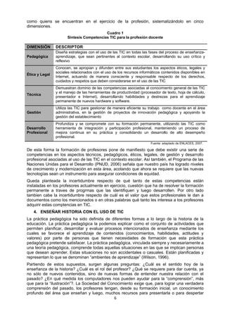 como quiens se encuentran en el ejercicio de la profesión, sistematizándolo en cinco
dimensiones.
Cuadro 1
Sintesís Competencias TIC para la profesión docente
DIMENSIÓN DESCRIPTOR
Pedagógica
Diseña estrategias con el uso de las TIC en todas las fases del proceso de enseñanza-
aprendizaje, que sean pertinentes al contexto escolar, desarrollando su uso crítico y
reflexivo
Ética y Legal
Conocen, se apropian y difunden entre sus estudiantes los aspectos éticos, legales y
sociales relacionados con el uso de los recursos informáticos contenidos disponibles en
Internet, actuando de manera consciente y responsable respecto de los derechos,
cuidados y respetos que deben considerarse en el uso de las TIC
Técnica
Demuestran dominio de las competencias asociadas al conocimiento general de las TIC
y el manejo de las herramientas de productividad (procesador de texto, hoja de cálculo,
presentador e Internet), desarrollando habilidades y destrezas para el aprendizaje
permanente de nuevos hardware y software.
Gestión
Utiliza las TIC para gestionar de manera eficiente su trabajo como docente en el área
administrativa, en la gestión de proyectos de innovación pedagógica y apoyando la
gestión del establecimiento
Desarrollo
Profesional
Profundiza y se compromete con su formación permanente, utilizando las TIC como
herramienta de integración y participación profesional, manteniendo un proceso de
mejora continua en su práctica y consolidando un desarrollo de alto desempeño
profesional.
Fuente: adaptado de ENLACES, 2007.
De esta forma la formación de profesores pone de manifiesto que debe existir una serie de
competencias en los aspectos técnicos, pedagógicos, éticos, legales, de gestión y desarrollo
profesional asociadas al uso de las TIC en el contexto escolar. Así también, el Programa de las
Naciones Unidas para el Desarrollo (PNUD, 2006) señala que nuestro país ha logrado niveles
de crecimiento y modernización en esta área, acotando que ahora se requiere que las nuevas
tecnologías sean un instrumento para asegurar condiciones de equidad.
Queda planteada la incertidumbre respecto de qué tanto de estas competencias están
instaladas en los profesores actualmente en ejercicio, cuestión que ha de resolver la formación
permanente a traves de progrmas que las identifiquen y luego desarrollen. Por otro lado
tambien cabe la incertidumbre respecto de cuál es el valor que estos profesionales le dan a
documentos como los mencionados o en otras palabras qué tanto les interesa a los profesores
adquirir estas comptencias en TIC.
4. ENSEÑAR HISTORIA CON EL USO DE TIC
La práctica pedagógica ha sido definida de diferentes formas a lo largo de la historia de la
educación. La práctica pedagógica la podemos explicar como el conjunto de actividades que
permiten planificar, desarrollar y evaluar procesos intencionados de enseñanza mediante los
cuales se favorece el aprendizaje de contenidos (conocimientos, habilidades, actitudes y
valores) por parte de personas que tienen necesidades de formación que esta práctica
pedagógica pretende satisfacer. La práctica pedagógica, vinculada siempre y necesariamente a
una teoría pedagógica, comprende todas aquellas situaciones en las que se implican personas
que desean aprender. Estas situaciones no son accidentales o casuales. Están planificadas y
representan lo que se denominan “ambientes de aprendizaje” (Wilson, 1996).
Partiendo de estos supuestos, surgen algunas preguntas: ¿Cuál es el sentido hoy de la
enseñanza de la historia? ¿Cuál es el rol del profesor? ¿Qué se requiere para dar cuenta, ya
no sólo de nuevos contenidos, sino de nuevas formas de entender nuestra relación con el
pasado? ¿En qué medida los computadores nos pueden ayudar para la “comprensión”, más
que para la “ilustración”?. La Sociedad del Conocimiento exige que, para lograr una verdadera
comprensión del pasado, los profesores tengan, desde su formación inicial, un conocimiento
profundo del área que enseñan y luego, muchos recursos para presentarla o para despertar
6
 