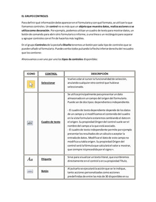 EL GRUPO CONTROLES 
Para definir qué información debe aparecer en el formulario y con qué formato, se utilizan lo que 
llamamos controles. Un control no es más que un objeto que muestra datos, realiza acciones o se 
utiliza como decoración. Por ejemplo, podemos utilizar un cuadro de texto para mostrar datos, un 
botón de comando para abrir otro formulario o informe, o una línea o un rectángulo para separar 
y agrupar controles con el fin de hacerlos más legibles. 
En el grupo Controles de la pestaña Diseño tenemos un botón por cada tipo de controles que se 
pueden añadir al formulario. Puedes verlos todos pulsando la flecha inferior derecha del recuadro 
que los contiene: 
Ahora vamos a ver uno por uno los tipos de controles disponibles: 
ICONO CONTROL DESCRIPCIÓN 
Seleccionar 
Vuelve a dar al cursor la funcionalidad de selección, 
anulando cualquier otro control que hubiese 
seleccionado. 
Cuadro de texto 
Se utiliza principalmente para presentar un dato 
almacenado en un campo del origen del formulario. 
Puede ser de dos tipos: dependiente o independiente. 
- El cuadro de texto dependiente depende de los datos 
de un campo y si modificamos el contenido del cuadro 
en la vista Formulario estaremos cambiando el dato en 
el origen. Su propiedad Origen del control suele ser el 
nombre del campo a la que está asociado. 
- El cuadro de texto independiente permite por ejemplo 
presentar los resultados de un cálculo o aceptar la 
entrada de datos. Modificar el dato de este campo no 
modifica su tabla origen. Su propiedad Origen del 
control será la fórmula que calculará el valor a mostrar, 
que siempre irá precedida por el signo =. 
Etiqueta 
Sirve para visualizar un texto literal, que escribiremos 
directamente en el control o en su propiedad Título. 
Botón 
Al pulsarlo se ejecutará la acción que se le indique, 
tanto acciones personalizadas como acciones 
predefinidas de entre las más de 30 disponibles en su 
 