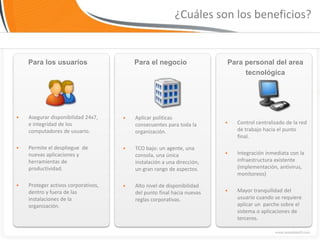 ¿Cuáles son los beneficios?


    Para los usuarios                    Para el negocio                    Para personal del area
                                                                                 tecnológica




   Asegurar disponibilidad 24x7,       Aplicar políticas
    e integridad de los                  consecuentes para toda la           Control centralizado de la red
    computadores de usuario.             organización.                        de trabajo hacia el punto
                                                                              final.
   Permite el despliegue de            TCO bajo: un agente, una
    nuevas aplicaciones y                consola, una única                  Integración inmediata con la
    herramientas de                      instalación a una dirección,         infraestructura existente
    productividad.                       un gran rango de aspectos.           (implementación, antivirus,
                                                                              monitoreos)
   Proteger activos corporativos,      Alto nivel de disponibilidad
    dentro y fuera de las                del punto final hacia nuevas        Mayor tranquilidad del
    instalaciones de la                  reglas corporativas.                 usuario cuando se requiere
    organización.                                                             aplicar un parche sobre el
                                                                              sistema o aplicaciones de
                                                                              terceros.
 