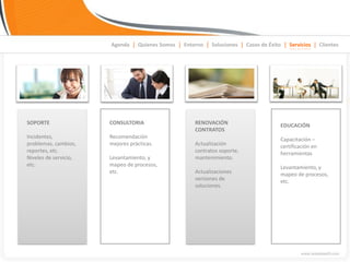 Agenda | Quienes Somos | Entorno | Soluciones | Casos de Éxito | Servicios | Clientes




SOPORTE                CONSULTORIA                    RENOVACIÓN                      EDUCACIÓN
                                                      CONTRATOS
Incidentes,            Recomendación                                                  Capacitación –
problemas, cambios,    mejores prácticas.             Actualización                   certificación en
reportes, etc.                                        contratos soporte,              herramientas
Niveles de servicio,   Levantamiento, y               mantenimiento.
etc.                   mapeo de procesos,                                             Levantamiento, y
                       etc.                           Actualizaciones                 mapeo de procesos,
                                                      versiones de                    etc.
                                                      soluciones.
 