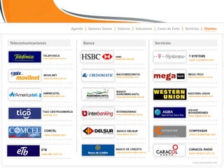 Agenda | Quienes Somos | Entorno | Soluciones | Casos de Éxito | Servicios | Clientes


Telecomunicaciones          Banca                                    Servicios




    Algunos de nuestros clientes
 