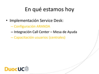 En qué estamos hoy
• Implementación Service Desk:
  – Configuración ARANDA
  – Integración Call Center – Mesa de Ayuda
  – Capacitación usuarios (centrales)
 