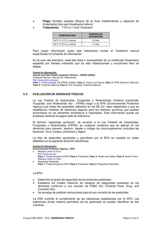 Proyecto BID-ADEX – RTA / ARANDANO FRESCO Página 12 de 21
• Plaga: Ceratitis capitata (Mosca de la fruta mediterránea) y especies de
Anastrepha (otra que Anastrepha ludens)
• Tratamiento: T107-a-1 Cold Treatment
TEMPERATURA
PERÍODO DE
EXPOSICIÓN
34°F (1.11°C) o menos 15 días
35°F (1.67°C) o menos 17 días
Para mayor información sobre este tratamiento revisar el Treatment manual
especificado en la fuente de información.
En el caso del arándano, cada lote debe ir acompañado de un certificado fitosanitario
expedido por Senasa indicando que ha sido inspeccionado y encontrado libre de
plagas.
Fuente de información:
Animal and Plant Health Inspection Service – APHIS (USDA)
Treatment Manual - Manual de Tratamientos
http://www.aphis.usda.gov
Paso 1: Portal principal del APHIS (USDA); Paso 2: Import and Export; Paso 3: PPQ Electronic Manuals;
Paso 4: Treatment Manual; Paso 5: The Complete Treatment Manual.
C.5 EVALUACIÓN DE RESIDUOS TÓXICOS
La Ley Federal de Insecticidas, Fungicidas y Rodenticidas (Federal Insecticide,
Fungicide, and Rodenticide Act - FIFRA) exige a la EPA (Environmental Protection
Agency) que todos los pesticidas utilizados en los EE.UU. sean registrados y que se
establezcan medidas de tolerancia seguras para los residuos químicos que puedan
encontrarse en los alimentos domésticos e importados. Esta información puede ser
ampliada visitando la página web de referencia.
El término “pesticidas químicos", de acuerdo a la Ley Federal de Insecticidas,
Fungicidas y Rodenticidas (FIFRA), es cualquier sustancia que se aplican en los
alimentos para prevenir, destruir, repeler o mitigar los microorganismos (incluidas las
bacterias, virus, hongos, protozoos y algas).
La lista de pesticidas aprobados y permitidos por el EPA se muestra en orden
alfabético en la siguiente dirección electrónica:
Fuente de información:
Environmental Protection Agency – EPA
• Residue Limits on Food
http://www.epa.gov
Paso 1: Portal principal de EPA; Paso 2: Pesticides; Paso 3: Health and Safety; Paso 4: Quick Finder -
Residue Limits on Food.
• Regulating Pesticides
Paso 1: Portal principal de EPA; Paso 2: Pesticides; Paso 3: Regulating Pesticides
La EPA:
• Determina el grado de seguridad de los productos pesticidas.
• Establece los niveles máximos de residuos de plaguicidas presentes en los
alimentos conforme a una sección de FD&C Act. (Federal Food, Drug, and
Cosmetic Act).
• Se encarga de publicar instrucciones para el uso correcto de los pesticidas.
La FDA controla el cumplimiento de las tolerancias establecidas por la EPA. Las
tolerancias (límite máximo permitido) de los pesticidas se pueden identificar de dos
maneras:
 