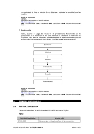 Proyecto BID-ADEX – RTA / ARANDANO FRESCO Página 7 de 21
no encimando la fruta, a efectos de no dañarlas y quitarles la cerosidad que las
recubre.
Fuente de información:
VERGEL
Información Técnica sobre el Cultivo de Arandano
http://www.vergel.com/
Paso 1: Portal Principal; Paso 2: Plantaciones; Paso 3: Arandano; Paso 4: Descargar información en
texto.
f. Postcosecha
Antes, durante y luego del envasado el procedimiento fundamental de la
postcosecha es la aplicación de frío para preservar la calidad de la fruta hasta su
consumo. Para ello se necesitará preferentemente un túnel californiano para el
enfriado rápido y básicamente una cámara frigorífica para el almacenamiento.
Fuente de información:
VERGEL
Información Técnica sobre el Cultivo de Arandano
http://www.vergel.com/
Paso 1: Portal Principal; Paso 2: Plantaciones; Paso 3: Arandano; Paso 4: Descargar información en
texto.
B. ASPECTOS ARANCELARIOS
B.1 PARTIDA ARANCELARIA
La partida arancelaria en ambos países coincide los 8 primeros dígitos.
PERÚ
PARTIDA ARANCELARIA DESCRIPCIÓN
0810.40.00.00 Arándanos rojos, mirtilos y demás frutos del género vaccinium
Cadena de frio
Empaque
Envasado
Almacenamiento
Recolección
Selecciona
 