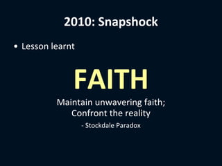 2010: Snapshock
• Lesson learnt



              FAITH
          Maintain unwavering faith;
             Confront the reality
                  - Stockdale Paradox
 