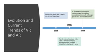 Evolution and
Current
Trends of VR
and AR
1968
Introduced in the year 1968 in
the form of Sketchpad
1990s
The AR entered business in the
1990s , Where a company
Sportvision used to create a
virtual fist in the live NFL game
2009
In 2009 AR was opened for
customers and focused on
wearable devices such as Google
glasses and Microsoft Hololens
 