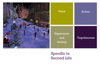 Specific to Second Life Voice Action Togetherness Experience and feeling 