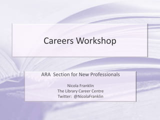 Careers Workshop ARA  Section for New Professionals Nicola Franklin The Library Career Centre Twitter:  @NicolaFranklin 
