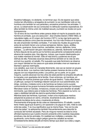 VII
Nuestros hallazgos, no obstante, no terminan aquí. Es de esperar que estos
modos tan difundidos y arraigados de sumisión no se manifiesten sólo en los
hombres sino también en sus parientes y ancestros próximos: los animales. Y
así es. La observación de sus conductas no defrauda nuestras expectativas. En
ellos también la íntima unión de rivalidad sexual y sumisión se revela con pura
transparencia.
“En el reino de los mamíferos antes parece deber el macho la posesión de la
hembra al combate, que a la seducción”, dice Charles Darwin (1809-1882), el
naturalista inglés, en El origen del hombre (1871). La ley rige tanto para los
animales acuáticos como para los terrestres. Aun los más tímidos en la época
de celo emprenden terribles combates. Y en todos los rituales de guerra los
actos de sumisión tienen una curiosa semejanza: liebres, topos, ardillas,
castores, guanacos, focas machos, cachalotes, ciervos, elefantes, toros
salvajes... La afirmación del gran naturalista es, además, fácilmente verificable:
la fiera disputa de los perros por la hembra sexualmente complaciente está al
alcance de nuestros ojos. Hay algunos, incluso, que mueren destrozados por
sus rivales mientras la montan. Sólo el más bravío y poderoso es el que
disfruta de ella. Parecidas escenas descubrimos también en la vida de otro
animal muy querido: el caballo. Por supuesto que este fenómeno se observa
con mayor claridad en los casos en que estos animales viven en reservas en
libertad o apenas restringida.
Los caballos, que viven en manadas libremente, rara vez se reúnen en grupos
de más de doce. Los machos más fuertes poseen harenes de dos a ocho
yeguas con sus respectivas proles. Los potros, por su parte, en su gran
mayoría, cuando alcanzan los tres años de edad pierden la simpatía del jefe de
la manada y son apartados de la familia. Viven entonces, sin hembras, en
cuadrillas de machos jóvenes que sufren de igual destino. Todos ellos tienen
un jefe que, aunque no mantenga relación sexual con sus subordinados, los
dirige, controla y molesta como si de hembras se tratara (como sucede
comúnmente en los grupos humanos formados exclusivamente por hombres).63
Merodean todos en bandas, inmaduros y torpes aún para desafiar al caballo
dominante, que retiene para sí todas las hembras. Pero esperan su turno. La
vejez o debilidad del jefe les dará la oportunidad anhelada.
Mientras tanto las hembras, lujuriosas, invitan a los impetuosos machos
adoptando la postura en sierra, orinando, levantando la cola, abriendo y
cerrando los labios de la vulva y mostrando el clítoris.
Precisamente el lenguaje de las colas es interesantísimo. El caballo, cuando
tiene miedo (igual que el perro) y en oposición a la yegua en celo, mete la cola
entre las patas. Y es muy significativo que la misma frase, “irse con la cola
entre las patas”, la apliquemos también frecuentemente para describir la
conducta del hombre asustado. Pero de ninguna manera es ésta la única
afinidad expresiva que nuestra intuición presiente entre nuestras respuestas
emotivas y las de los animales. En realidad son múltiples y variadas. Así,
igualmente, como frente a algún peligro grave los caballos se reúnen
inmediatamente detrás del jefe al mismo tiempo que alzan sus colas y cagan,
63
Vavra, Robert “La vida secreta del caballo”
 
