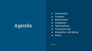 ● Introduction
● Features
● Benchmarks
● Installation
● Web Interface
● Command Line
● Integration with Spring
● Demo
Agenda
 