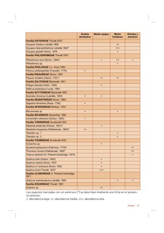 Arañas 51
Ámbito
doméstico
Medio epigeo Medio
herbáceo
Árboles y
arbustos
Familia OXYOPIDAE Thorell,1870
Oxyopes lineatus Latreille 1806 ++
Oxyopes heterophthalmus Latreille 1804* +++
Oxyopes globifer Simon, 1876 +
Familia PHILODROMIDAE Thorell,1870
Philodromus buxi (Simon, 1884)* + ++ +
Philodromus sp. +
Familia PHOLCIDAE C.L. Koch,1850
Pholcus phalangioides (Fuesslin, 1775) +
Familia PISAURIDAE Simon, 1897
Pisaura mirabilis (Clerck, 1757)* ++ ++
Familia SALTICIDAE Blackwall, 1841
Phlegra fasciata (Hahn, 1826) +
Familia SCYTODIIDAE Blackwall,1852
Scytodes thoracica (Latreille, 1804) + +
Familia SEGESTRIIDAE Simon, 1893
Segestria florentina (Rossi, 1790) +
Familia SPARASIIDAE Bertkau, 1872
Micrommata sp. + +
Familia SICARIIDAE Keyserling, 1880
Loxosceles rufescens (Dufour, 1820) +
Familia THERIDIIDAE Sundevall,1833
Steatoda phalerata (Panzer, 1801)* +
Steatoda triangulosa (Walckenaer, 1802)* ++
Theridion sp. 1 +
Theridion sp. 2 +
Familia THOMISIDAE Sundevall,1833
Coriachne sp. +
Synaema globossum (Fabricius, 1775)* ++
Thomisus onustus Walckenaer, 1805* ++
Tmarus staintoni (O. Pickard-Cambridge, 1873) +
Xysticus bufo (Dufour, 1820) +
Xysticus nubilus Simon, 1875 +
Xysticus cf. tortuosus Simon, 1932 +
Xysticus kochi Thorell, 1872* +++
Familia ULOBORIDAE O. Pickard-Cambridge,
1871
Uloborus walckenaerius Latreille, 1806 + +
Familia ZODARIIDAE Thorell, 1881
Zodarion sp. ++
Salticus propinquus Lucas, 1846
Las especies marcadas con un asterisco (*) se describen mediante una ficha en el presen-
te volumen.
+: abundancia baja; ++: abundancia media; +++: abundancia alta.
 