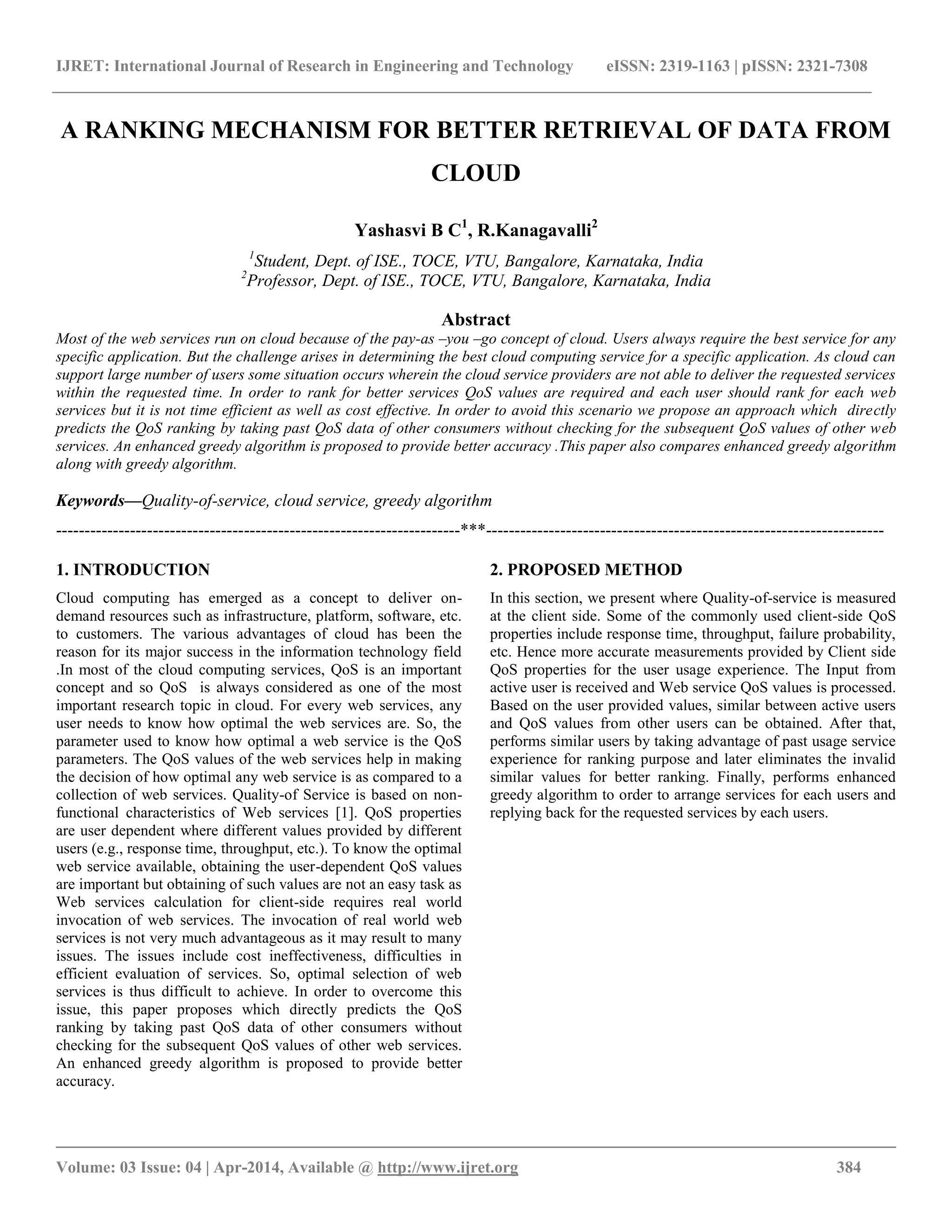 A ranking mechanism for better retrieval of data from cloud | PDF