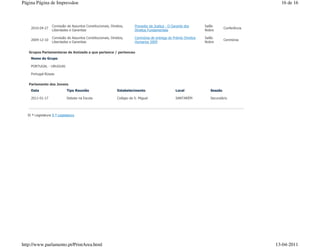Página Página de Impressãoe                                                                                                                   16 de 16



                  Comissão de Assuntos Constitucionais, Direitos,       Provedor de Justiça - O Garante dos       Salão
    2010-04-27                                                                                                                Conferência
                  Liberdades e Garantias                                Direitos Fundamentais                     Nobre

                  Comissão de Assuntos Constitucionais, Direitos,       Cerimónia de entrega do Prémio Direitos   Salão
    2009-12-10                                                                                                                Cerimónia
                  Liberdades e Garantias                                Humanos 2009                              Nobre


   Grupos Parlamentares de Amizade a que pertence / pertenceu
    Nome do Grupo

    PORTUGAL - URUGUAI

    Portugal-Rússia


   Parlamento dos Jovens
    Data                    Tipo Reunião                     Estabelecimento                      Local              Sessão

    2011-01-17              Debate na Escola                 Colégio de S. Miguel                 SANTARÉM           Secundário




  XI ª Legislatura X ª Legislatura




http://www.parlamento.pt/PrintArea.html                                                                                                     13-04-2011
 