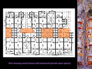 Plan showing varied houses with backyards (private open spaces)
 
