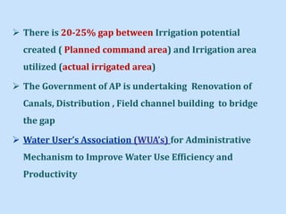  There is 20-25% gap between Irrigation potential
created ( Planned command area) and Irrigation area
utilized (actual irrigated area)
 The Government of AP is undertaking Renovation of
Canals, Distribution , Field channel building to bridge
the gap
 Water User’s Association (WUA’s) for Administrative
Mechanism to Improve Water Use Efficiency and
Productivity
 