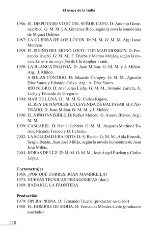 1986: EL DISPUTADO VOTO DEL SEÑOR CAYO. D: Antonio Gimé-
nez Rico. G: M. M. y A. Giménez Rico, según la novela homónima
de Miguel Delibes.
1987: LA GUERRA DE LOS LOCOS. D: M. M. G: M. M. Arg: Isaac
Montero.
1989: EL SUEÑO DEL MONO LOCO / THE MAD MONKEY. D: Fer-
nando Trueba. G: M. M., F. Trueba y Menno Meyjes, según la no-
vela Le reve du singe fou de Christopher Frank.
1990: LA BLANCA PALOMA. D: Juan Miñón. G: M. M. y J. Miñón.
Arg.: J. Miñón.
A SOLAS CONTIGO. D: Eduardo Campoy. G: M. M., Agustín
Díaz Yanes y Eduardo Calvo. Arg.: A. Díaz Yanes.
RÍO NEGRO. D: Atahualpa Lichy. G: M. M., Antonio Larreta, A.
Lichy y Eduardo de Gregorio.
1994: MAR DE LUNA. D.: M. M. G: Carlos Rigosa.
EL REY DE NÁPOLES-LALEYENDADE BALTASAR EL CAS-
TRADO. D: Juan Miñón. G: M. M. y J. Miñón.
1996: EL NIÑO INVISIBLE. D: Rafael Moleón. G: Aurora Blanco. Arg.:
M. M.
1999: CASCABEL. D: Daniel Cebrián. G: M. M., Augusto Martínez To-
rres, Ricardo Franco y D. Cebrián.
2002: LA SOLEDAD ERA ESTO. D: S. Renán. G: M. M., Aída Bortnik,
Sergio Renán, Juan José Millás, según la novela homónima de Juan
José Millás.
2004: HORAS DE LUz. D: M. M. G: M. M., José Ángel Esteban y Carlos
López.
Cortometrajes
1969: ¿POR QUÉ CORRES, JUAN MAMBRILLA?
1974: NUEVAS TÉCNICAS PEDAGÓGICAS (doc.)
1989: BADAJOz, LA FRONTERA
Producción
1979: ÓPERA PRIMA. D: Fernando Trueba (productor asociado)
1980: EL HOMBRE DE MODA. D: Fernando Méndez-Leite (productor
asociado)
118
El mapa de la India
 