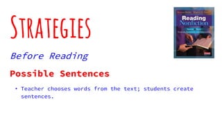 Strategies
Before Reading
Possible Sentences
• Teacher chooses words from the text; students create
sentences.
 