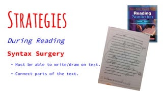 Strategies
During Reading
Syntax Surgery
• Must be able to write/draw on text.
• Connect parts of the text.
 