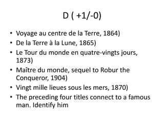 D ( +1/-0)Voyage au centre de la Terre, 1864)De la Terre à la Lune, 1865)Le Tour du monde en quatre-vingts jours, 1873)Maître du monde, sequel to Robur the Conqueror, 1904)Vingt mille lieues sous les mers, 1870)The preceding four titlesconnect to a famous man. Identifyhim