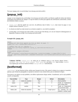 Fonctions utilisateur



Voir aussi {popup_init} et overLib [http://www.bosrup.com/web/overlib/].

{popup_init}
{popup} est une intégration de overLib [http://www.bosrup.com/web/overlib/], une librairie capable de réaliser des fenêtres
surgissantes (nous parlerons de "popup"). Ce type de fenêtre est utilisé pour apporter des informations contextuelles, comme
des infobulles d'aides ou astuces.


•   {popup_init} doit être appelé une seule fois, de préférence dans la balise <head>, dans toutes les pages si vous
    comptez utiliser la fonction {popup}.

•   Le chemin est relatif au script exécuté ou un chemin complet (i.e. non relatif au template).

•   overLib [http://www.bosrup.com/web/overlib/] a été écrit par Erik Bosrup, et le site de l'auteur/le téléchargement est
    disponible à l'adresse sur http://www.bosrup.com/web/overlib/.



Exemple 8.26. {popup_init}

<head>
{* popup_init doit être appelé une fois en début de page. *}
{popup_init src='/javascripts/overlib.js'}
{* exemple avec une url complète *}
{popup_init src='http://myserver.org/my_js_libs/overlib/overlib.js'}
</head>
// le premier exemple affichera
<head>
 <div id="overDiv" style="position:absolute; visibility:hidden; z-index:1000;"></div>
 <script type="text/javascript" language="JavaScript" src="javascripts/overlib/overlib.js"></script>
</head>



    Validation XHTML: {popup_init} ne valide pas en validation stricte et vous devriez obtenir l'erreur :
    document type does not allow element "div" here; (i.e. une balise <div> dans la balise <head>).
    Ceci signifie que vous devez inclure les balises <script> et <div> manuellement.

{textformat}
{textformat} est une fonction de bloc utilisée pour formater du texte. Elle nettoie la chaîne de ses espaces et caractères
spéciaux, puis formate les paragraphes en ajustant ces derniers à une certaine limite, puis en indentant les lignes.

Vous pouvez soit utiliser un style prédéfini, soit définir explicitement chaque attribut. Actuellement, seul le style prédéfini
«email» est disponible.

     Nom attribut                  Type                     Requis                    Defaut           Description
          style             chaîne de caractères              Non                       n/a            Style prédéfini
         indent                   number                      Non                        0             Taille de l'indentation
                                                                                                       pour chaque ligne
      indent_first                number                      Non                        0             Taille de l'indentation
                                                                                                       de la première ligne
      indent_char           chaîne de caractères              Non                 (single space)       Le caractère (ou la
                                                                                                       chaîne) à utiliser pour

                                                               97
 