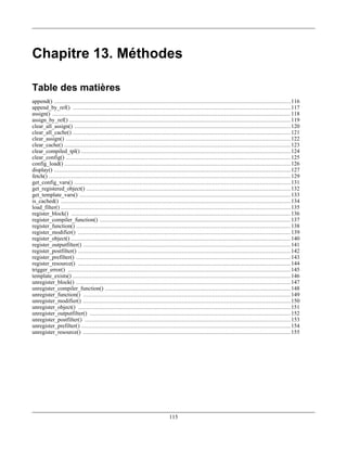 Chapitre 13. Méthodes

Table des matières
append() ........................................................................................................................................... 116
append_by_ref() ................................................................................................................................ 117
assign() ............................................................................................................................................ 118
assign_by_ref() .................................................................................................................................. 119
clear_all_assign() ............................................................................................................................... 120
clear_all_cache() ................................................................................................................................ 121
clear_assign() .................................................................................................................................... 122
clear_cache() ..................................................................................................................................... 123
clear_compiled_tpl() ........................................................................................................................... 124
clear_config() .................................................................................................................................... 125
config_load() ..................................................................................................................................... 126
display() ........................................................................................................................................... 127
fetch() .............................................................................................................................................. 129
get_config_vars() ............................................................................................................................... 131
get_registered_object() ........................................................................................................................ 132
get_template_vars() ............................................................................................................................ 133
is_cached() ....................................................................................................................................... 134
load_filter() ....................................................................................................................................... 135
register_block() ................................................................................................................................. 136
register_compiler_function() ................................................................................................................ 137
register_function() .............................................................................................................................. 138
register_modifier() ............................................................................................................................. 139
register_object() ................................................................................................................................. 140
register_outputfilter() .......................................................................................................................... 141
register_postfilter() ............................................................................................................................. 142
register_prefilter() .............................................................................................................................. 143
register_resource() ............................................................................................................................. 144
trigger_error() ................................................................................................................................... 145
template_exists() ................................................................................................................................ 146
unregister_block() .............................................................................................................................. 147
unregister_compiler_function() ............................................................................................................. 148
unregister_function() .......................................................................................................................... 149
unregister_modifier() .......................................................................................................................... 150
unregister_object() ............................................................................................................................. 151
unregister_outputfilter() ...................................................................................................................... 152
unregister_postfilter() ......................................................................................................................... 153
unregister_prefilter() ........................................................................................................................... 154
unregister_resource() .......................................................................................................................... 155




                                                                              115
 