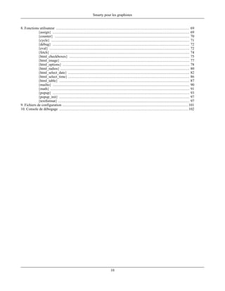 Smarty pour les graphistes


8. Fonctions utilisateur ......................................................................................................................... 69
             {assign} ............................................................................................................................ 69
             {counter} .......................................................................................................................... 70
             {cycle} ............................................................................................................................. 71
             {debug} ............................................................................................................................ 72
             {eval} ............................................................................................................................... 72
             {fetch} .............................................................................................................................. 74
             {html_checkboxes} ............................................................................................................. 75
             {html_image} ..................................................................................................................... 77
             {html_options} ................................................................................................................... 78
             {html_radios} ..................................................................................................................... 80
             {html_select_date} .............................................................................................................. 82
             {html_select_time} .............................................................................................................. 86
             {html_table} ...................................................................................................................... 87
             {mailto} ............................................................................................................................ 90
             {math} .............................................................................................................................. 91
             {popup} ............................................................................................................................ 93
             {popup_init} ...................................................................................................................... 97
             {textformat} ....................................................................................................................... 97
9. Fichiers de configuration .................................................................................................................. 101
10. Console de débogage ..................................................................................................................... 102




                                                                             10
 