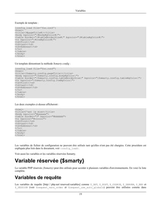 Variables



Exemple de template :
{config_load file='foo.conf'}
<html>
<title>{#pageTitle#}</title>
<body bgcolor="{#bodyBgColor#}">
<table border="{#tableBorderSize#}" bgcolor="{#tableBgColor#}">
<tr bgcolor="{#rowBgColor#}">
<td>First</td>
<td>Last</td>
<td>Address</td>
</tr>
</table>
</body>
</html>


Un template démontrant la méthode $smarty.config :
{config_load file="foo.conf"}
<html>
<title>{$smarty.config.pageTitle}</title>
<body bgcolor="{$smarty.config.bodyBgColor}">
<table border="{$smarty.config.tableBorderSize}" bgcolor="{$smarty.config.tableBgColor}">
<tr bgcolor="{$smarty.config.rowBgColor}">
<td>First</td>
<td>Last</td>
<td>Address</td>
</tr>
</table>
</body>
</html>


Les deux exemples ci-dessus afficheront :
<html>
<title>C'est le mien</title>
<body bgcolor="#eeeeee">
<table border="3" bgcolor="#bbbbbb">
<tr bgcolor="#cccccc">
<td>First</td>
<td>Last</td>
<td>Address</td>
</tr>
</table>
</body>
</html>



Les variables de fichier de configuration ne peuvent être utilisés tant qu'elles n'ont pas été chargées. Cette procédure est
expliquée plus loin dans le document, voir {config_load}.

Voir aussi les variables et les variables réservées $smarty.

Variable réservée {$smarty}
La variable PHP réservée {$smarty} peut être utilisée pour accéder à plusieurs variables d'environnements. En voici la liste
complète.

Variables de requête
Les variables de requête [http:/ / php.net/ reserved.variables] comme $_GET, $_POST, $_COOKIE, $_SERVER, $_ENV et
$_SESSION (voir $request_vars_order et $request_use_auto_globals) peuvent être utilisées comme dans

                                                               19
 