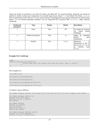 Modificateurs de variables



Ajuste une chaîne de caractères à une taille de colonne, par défaut 80. Un second paramètre optionnel vous permet de
spécifier la chaîne à utiliser pour l'ajustement à la nouvelle ligne (retour chariot "n" par défaut). Par défaut, wordwrap
tente un ajustement à la fin d'un mot. Si vous voulez autoriser le découpage des mots pour un ajustement au caractère près,
passez TRUE au troisième paramètre optionnel. Ceci est l'équivalent de la fonction PHP wordwrap() [http:/ / php.net/
wordwrap].

      Position du                  Type                    Requis                 Defaut          Description
      paramètre
            1                     entier                    Non                     80            La nombre de colonnes
                                                                                                  sur     lequel ajuster
                                                                                                  l'affichage.
            2              chaîne de caractères             Non                      n           chaîne de caractères
                                                                                                  utilisée       pour
                                                                                                  l'ajustement.
            3                     booléen                   Non                   FALSE           Détermine             si
                                                                                                  l'ajustement se fait en
                                                                                                  fin de mot (FALSE) ou
                                                                                                  au caractère exact
                                                                                                  (TRUE).



Exemple 5.23. wordwrap

<?php
$smarty->assign('articleTitle',
                "Blind woman gets new kidney from dad she hasn't seen in years."
             );
?>


Où le template est :
{$titreArticle}
{$titreArticle|wordwrap:30}
{$titreArticle|wordwrap:20}
{$titreArticle|wordwrap:30:"<br>n"}
{$titreArticle|wordwrap:30:"n":true}


L'exemple ci-dessus affichera :
Une femme aveugle obtient un nouveau rein d'un père qu'elle n'a pas vu depuis des années.
Une femme aveugle obtient un
nouveau rein d'un père
qu'elle n'a pas vu depuis
des années.
Une femme aveugle
obtient un nouveau
rein d'un père
qu'elle n'a pas vu
depuis des années.
Une femme aveugle obtient un<br>;
nouveau rein d'un père<br>;
qu'elle n'a pas vu depuis<br>;


                                                             39
 