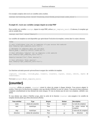 Fonctions utilisateur



Cet exemple complexe doit avoir ces variables entre crochets.
{assign var=running_total value=`$running_total+$some_array[loop].some_value`}




Exemple 8.3. Accès aux variables {assign} depuis un script PHP

Pour accéder aux variables {assign} depuis le script PHP, utilisez get_template_vars(). Ci-dessous, le template qui
crée la variable $foo.
{assign var='foo' value='Smarty'}


Les variables de template ne sont disponibles que après/durant l'exécution du template, comme dans le script ci-dessous.
<?php
// ceci n'affichera rien car le template n'a pas encore été exécuté
echo $smarty->get_template_vars('foo');
// Récupère le template dans une variable
$whole_page = $smarty->fetch('index.tpl');
// Ceci affichera 'smarty' car le template a été exécuté
echo $smarty->get_template_vars('foo');
$smarty->assign('foo','Even smarter');
// Ceci affichera 'Even smarter'
echo $smarty->get_template_vars('foo');
?>



Les fonctions suivantes peuvent optionnellement assigner des variables de template.

{capture}, {include}, {include_php}, {insert}, {counter}, {cycle}, {eval}, {fetch}, {math} et
{textformat}.

Voir aussi assign() et get_template_vars().

{counter}
{counter} affiche un compteur. {counter} retient la valeur du compte à chaque itération. Vous pouvez adapter le
nombre, l'intervale et la direction du compteur, ainsi que décider d'afficher ou non les valeurs. Vous pouvez lancer plusieurs
compteurs simultanément en leur donnant des noms uniques. Si vous ne donnez pas de nom à un compteur, «default» sera
utilisé.

Si vous donnez une valeur à l'attribut assign, alors la sortie de la fonction {counter} sera assignée à la variable de
template donnée plutôt que d'être directement affichée.

     Nom attribut                  Type                    Requis                   Defaut           Description
         name               chaîne de caractère             Non                     default          Le nom du compteur
          start                 numérique                   Non                        1             La valeur initiale du
                                                                                                     compteur
          skip                  numérique                   Non                        1             L'intervale du compteur
        direction          chaîne de caractères             Non                       up             la     direction      du

                                                             70
 