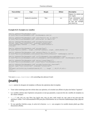 Fonctions utilisateur


     Nom attribut                   Type                    Requis                    Défaut           Description
                                                                                                       Séparez les entrées par
                                                                                                       une virgule.
          extra             chaîne de caractères              Non                       n/a            Toute information que
                                                                                                       vous souhaitez passer
                                                                                                       au lien, par exemple
                                                                                                       une classe css.



Exemple 8.23. Exemple avec {mailto}

{mailto address="moi@example.com"}
<a href="mailto:moi@example.com" >moi@example.com</a>
{mailto address="moi@example.com" text="envoie moi un email"}
<a href="mailto:moi@example.com" >envoie-moi un email</a>
{mailto address="moi@example.com" encode="javascript"}
<script type="text/javascript" language="javascript">
 eval(unescape('%64%6f% ... coupé ...%61%3e%27%29%3b'))
</script>
{mailto address="moi@example.com" encode="hex"}
<a href="mailto:%6d%65.. coupé..3%6f%6d">m&..coupé...#x6f;m</a>
{mailto address="moi@example.com" subject="Hello to you!"}
<a href="mailto:moi@example.com?subject=Hello%20to%20you%21" >me@example.com</a>
{mailto address="moi@example.com" cc="toi@example.com,eux@example.com"}
<a href="mailto:moi@example.com?cc=toi@example.com%2Ceux@example.com" >moi@example.com</a>
{mailto address="moi@example.com" extra='class="email"'}
<a href="mailto:moi@example.com" class="email">moi@example.com</a>
{mailto address="moi@example.com" encode="javascript_charcode"}
<script type="text/javascript" language="javascript">
<!--
{document.write(String.fromCharCode(60,97, ... coupé ....60,47,97,62))}
//-->
</script>



Voir aussi escape, {textformat} et le camouflage des adresses E-mail.

{math}
{math} autorise les designers de templates à effectuer des opérations dans le template.


•   Toute valeur numérique peut être utilisée dans une opération, et le résultat sera affiché à la place des balises "equation".

•   Les variables utilisées dans l'opération sont passées en tant que paramètre, et peuvent être des variables de templates ou
    des valeurs statiques.

•   +, -, /, *, abs, ceil, cos, exp, floor, log, log10, max, min, pi, pow, rand, round, sin, sqrt, srans et tan sont tous des
    opérateurs valides. Voir la documentation PHP pour plus d'informations sur ces fonctions mathématiques [http://php.net/
    eval].

•   Si vous spécifiez l'attribut assign, la sortie de la fonction {math} sera assignée à la variable donnée plutôt que d'être
    directement affichée.


                                                               91
 