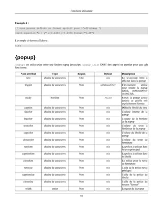 Fonctions utilisateur



Exemple d :
{* vous pouvez définir un format sprintf pour l'affichage *}
{math equation="x + y" x=4.4444 y=5.0000 format="%.2f"}


L'exemple ci-dessus affichera :
9.44




{popup}
{popup} est utilisé pour créer une fenêtre popup javascript. {popup_init} DOIT être appelé en premier pour que cela
fonctionne.

     Nom attribut                  Type                 Requis               Defaut         Description
          text             chaîne de caractères           Oui                 n/a           Le texte/code html à
                                                                                            afficher dans la popup
         trigger           chaîne de caractères           Non             onMouseOver       L'évènement    utilisé
                                                                                            pour rendre la popup
                                                                                            active, onMouseOver
                                                                                            ou onClick.
         sticky                   booléen                 Non                FALSE          Rends la popup active
                                                                                            jusqu'a ce qu'elle soit
                                                                                            explicitement fermée.
        caption            chaîne de caractères           Non                 n/a           Défini le libellé du titre
         fgcolor           chaîne de caractères           Non                 n/a           Couleur interne de la
                                                                                            popup
        bgcolor            chaîne de caractères           Non                 n/a           Couleur de la bordure
                                                                                            de la popup
        textcolor          chaîne de caractères           Non                 n/a           Couleur du texte à
                                                                                            l'intérieur de la popup
        capcolor           chaîne de caractères           Non                 n/a           Couleur du libellé de la
                                                                                            popup
       closecolor          chaîne de caractères           Non                 n/a           Couleur du texte de
                                                                                            fermeture
        textfont           chaîne de caractères           Non                 n/a           La police à utiliser dans
                                                                                            le texte principal
       captionfont         chaîne de caractères           Non                 n/a           La police à utiliser dans
                                                                                            le libellé
        closefont          chaîne de caractères           Non                 n/a           La police pour le texte
                                                                                            de fermeture
        textsize           chaîne de caractères           Non                 n/a           Taille de la police texte
                                                                                            prinicpal
       captionsize         chaîne de caractères           Non                 n/a           Taille de la police du
                                                                                            libellé
        closesize          chaîne de caractères           Non                 n/a           Taille de la police du
                                                                                            bouton "fermer"
         width                    entier                  Non                 n/a           Longeur de la popup

                                                           93
 