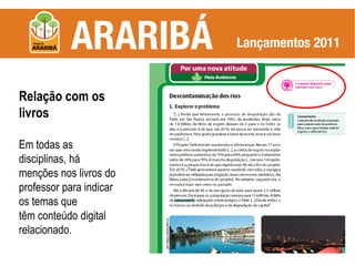 Relação com os
livros

Em todas as
disciplinas, há
menções nos livros do
professor para indicar
os temas que
têm conteúdo digital
relacionado.
 