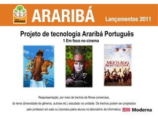 Projeto de tecnologia Araribá Português
                                         1 Em foco no cinema




                    Reapresentação, por meio de trechos de filmes comerciais,
do tema (diversidade de gêneros, autores etc.) estudado na unidade. Os trechos podem ser projetados
           pelo professor em sala ou (re)vistos pelos alunos no laboratório de informática.
 