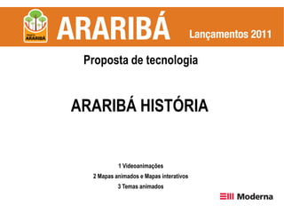 Proposta de tecnologia


ARARIBÁ HISTÓRIA


           1 Videoanimações
  2 Mapas animados e Mapas interativos
           3 Temas animados
 