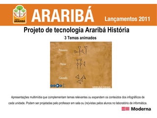 Projeto de tecnologia Araribá História
                                              3 Temas animados




  Apresentações multimídia que complementam temas relevantes ou expandem os conteúdos dos infográficos de
cada unidade. Podem ser projetadas pelo professor em sala ou (re)vistas pelos alunos no laboratório de informática.
 