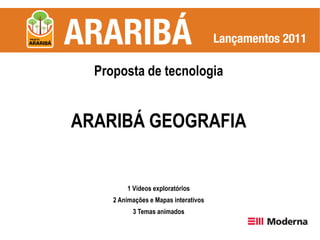 Proposta de tecnologia


ARARIBÁ GEOGRAFIA


         1 Vídeos exploratórios
     2 Animações e Mapas interativos
           3 Temas animados
 