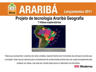 Projeto de tecnologia Araribá Geografia
                                           1 Vídeos exploratórios




Vídeos que acompanham a abertura de várias unidades, trazendo flashes bem humorados dos principais conceitos que
a compõem. Esse recurso adicional para o levantamento de conhecimentos prévios deve ser usado principalmente pelo
               professor em classe, mas pode ser (re)visto pelos alunos no laboratório de informática.
 