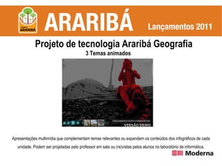 Projeto de tecnologia Araribá Geografia
                                           3 Temas animados




Apresentações multimídia que complementam temas relevantes ou expandem os conteúdos dos infográficos de cada
   unidade. Podem ser projetadas pelo professor em sala ou (re)vistas pelos alunos no laboratório de informática.
 