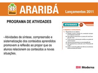 PROGRAMA DE ATIVIDADES


• Atividades de síntese,
                       compreensão e
sistematização dos conteúdos aprendidos
promovem a reflexão ao propor que os
alunos relacionem os conteúdos a novas
situações.
 